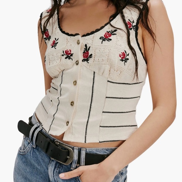 Free People Tops - Free People Cream Floral Embroidered Tank Top  (B3)